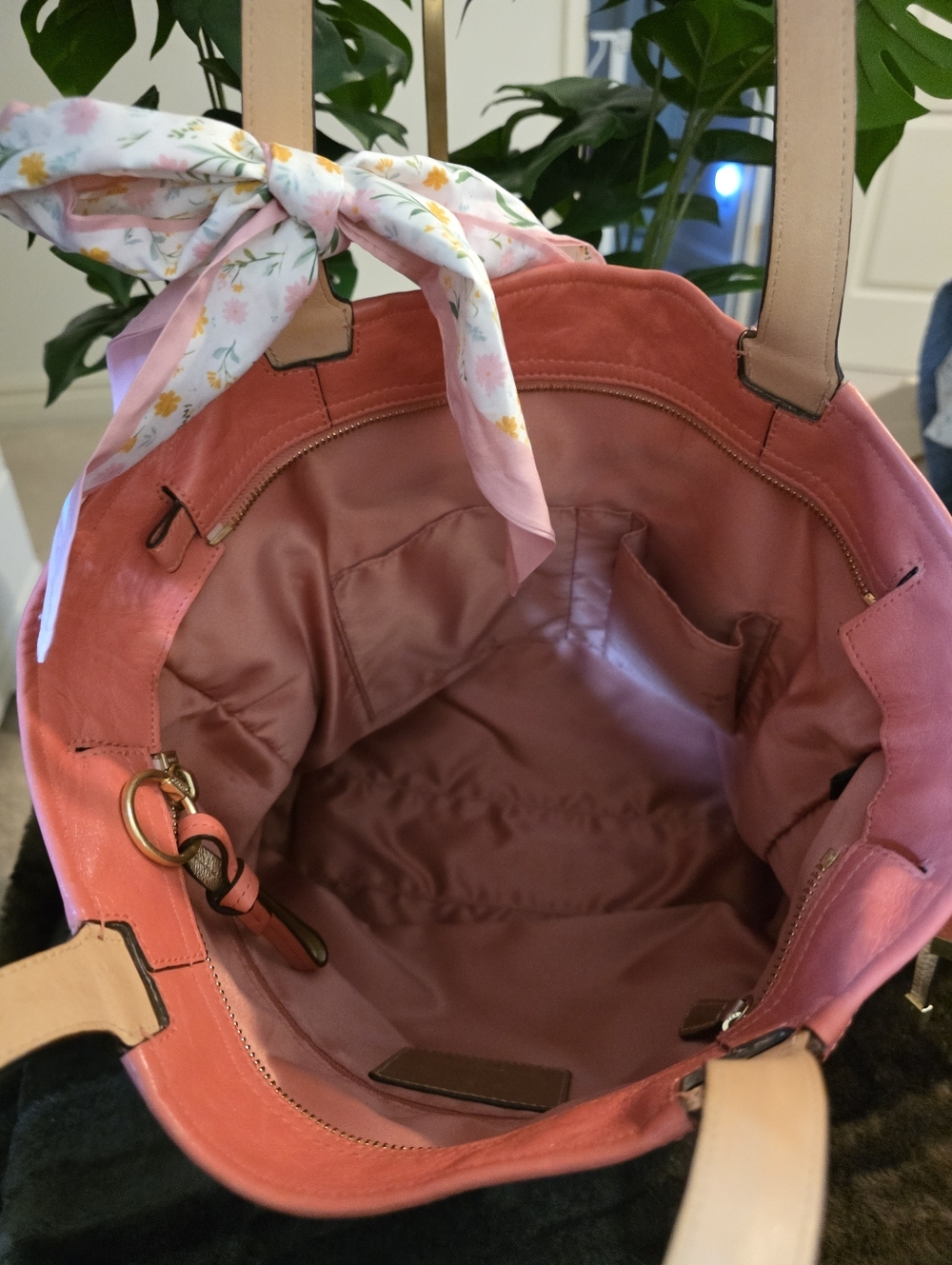 Good Condition  Coach AUDREY  Pink Patterned Tote Bag with Coral Trim - Picture 6 of 9